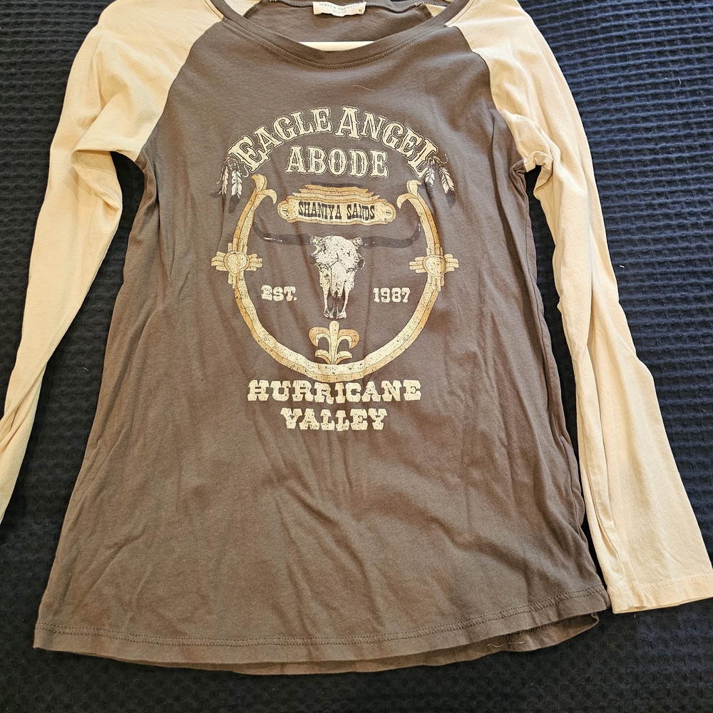 Spell Gypsy Collective Women's Tee Shirt Eagle Angel Abode Raglan Brown Two Tone